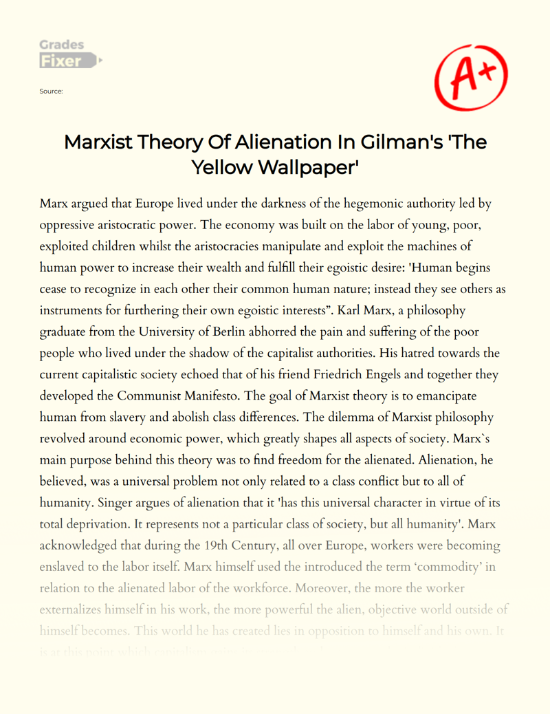 Marxist Theory of Alienation in Gilman's 'The Yellow Wallpaper' Essay
