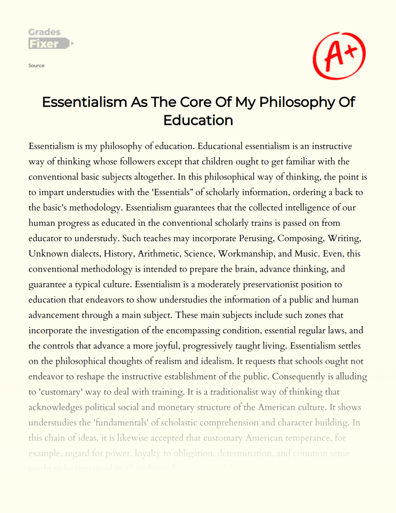 Essentialism as The Core of My Philosophy of Education Essay