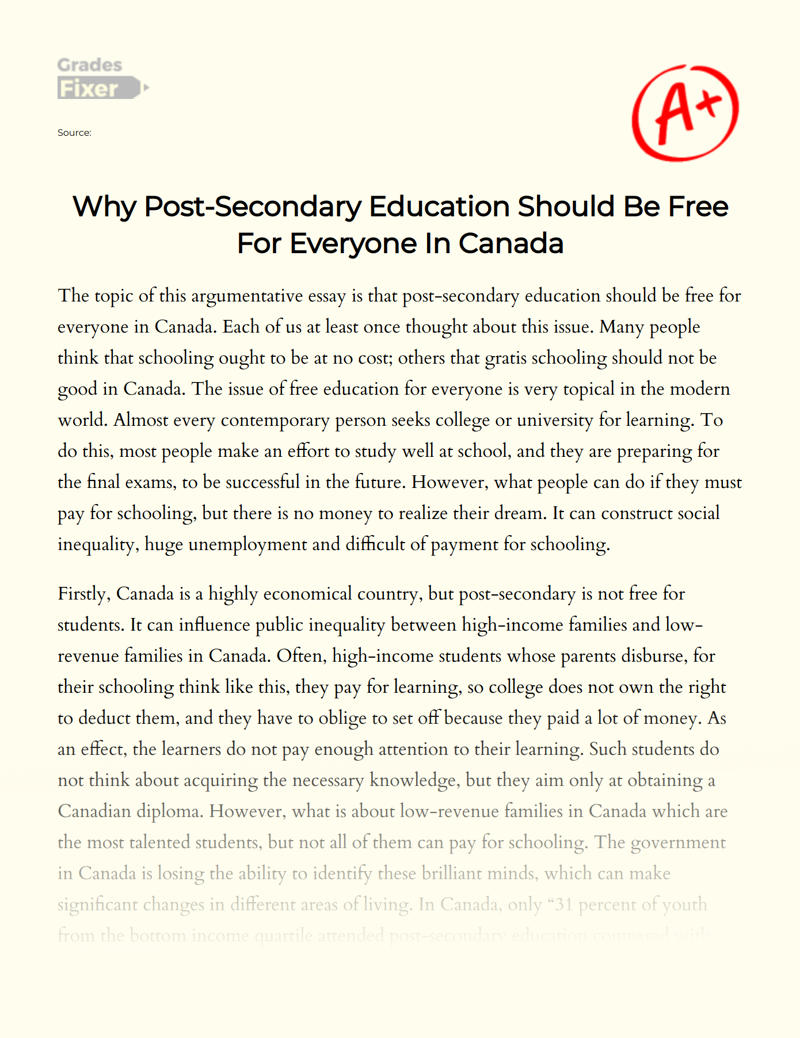 Why Post-secondary Education Should Be Free for Everyone in Canada Essay