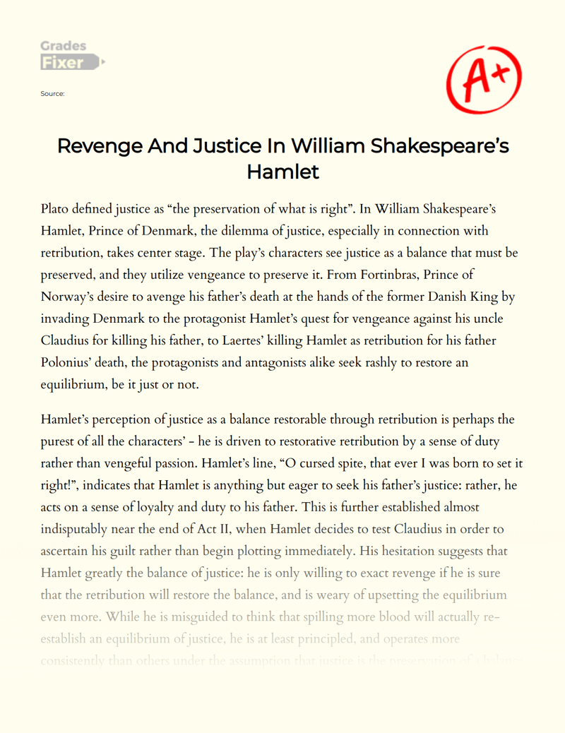 Revenge and Justice in William Shakespeare’s Hamlet Essay