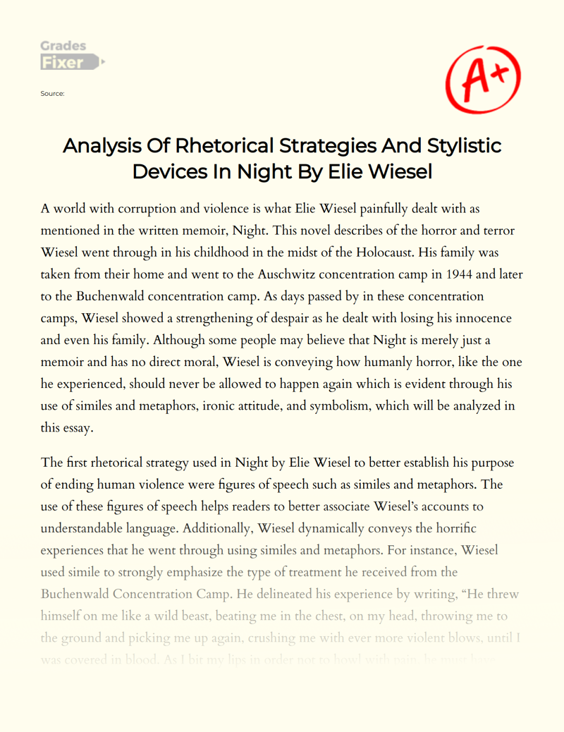 Analysis of Rhetorical Strategies and Stylistic Devices in Night by Elie Wiesel Essay