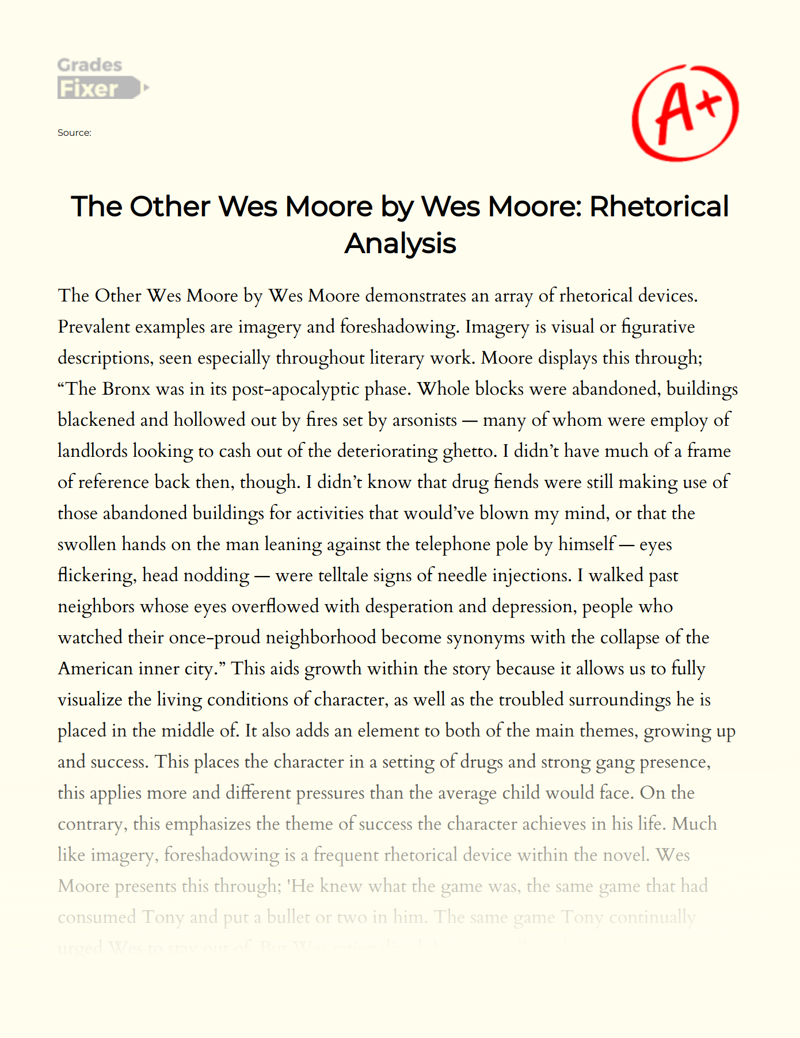 The Other Wes Moore by Wes Moore: Rhetorical Analysis Essay
