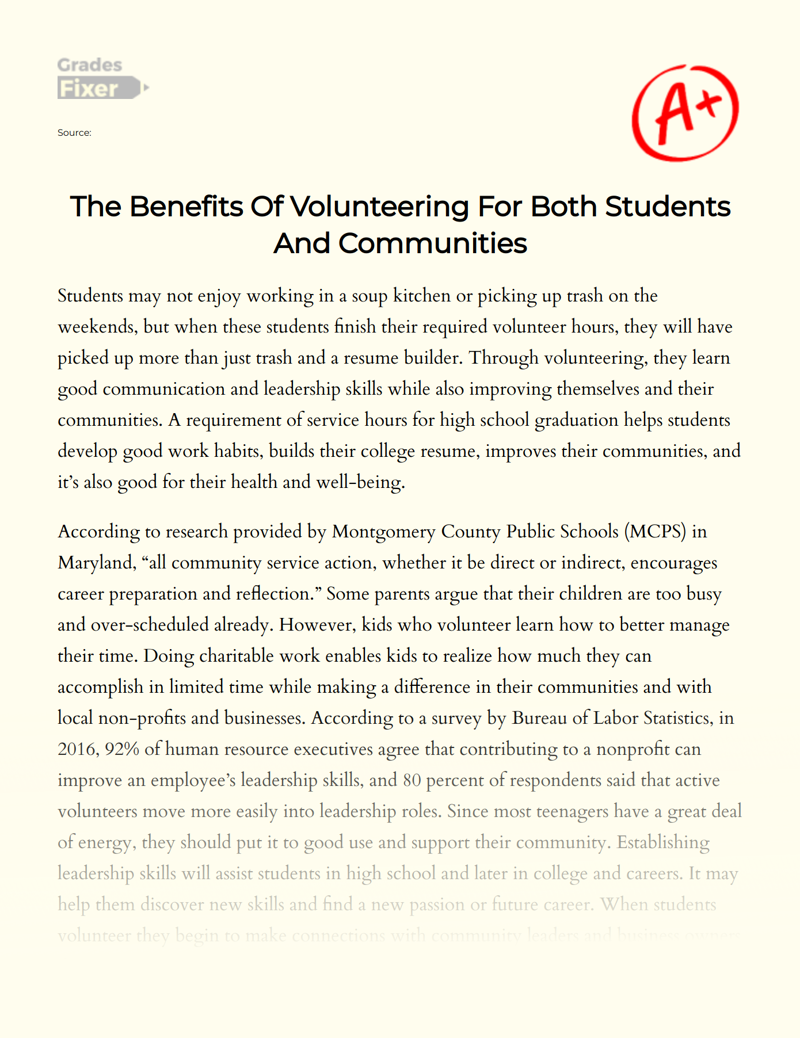 The Benefits of Volunteering for Both Students and Communities Essay