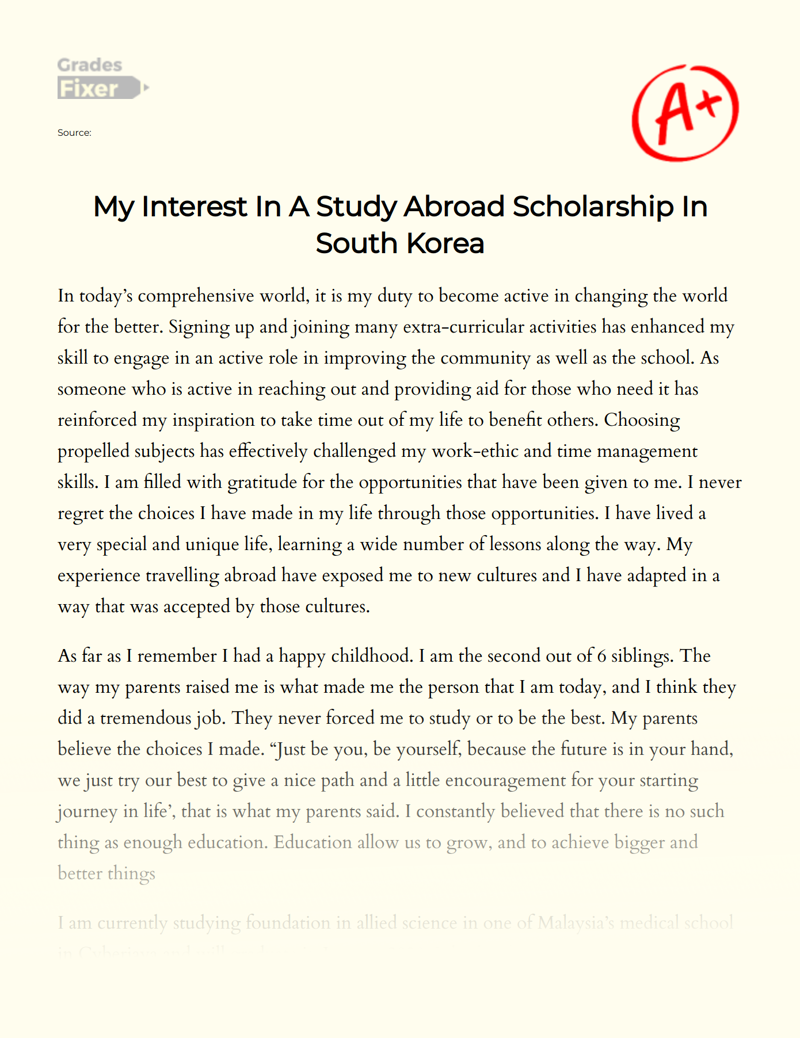 My Interest in a Study Abroad Scholarship in South Korea Essay