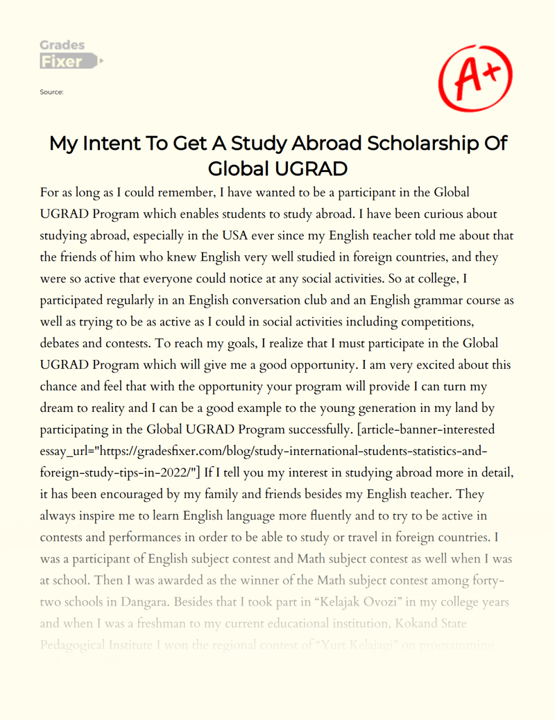 My Intent to Get a Study Abroad Scholarship of Global Ugrad Essay