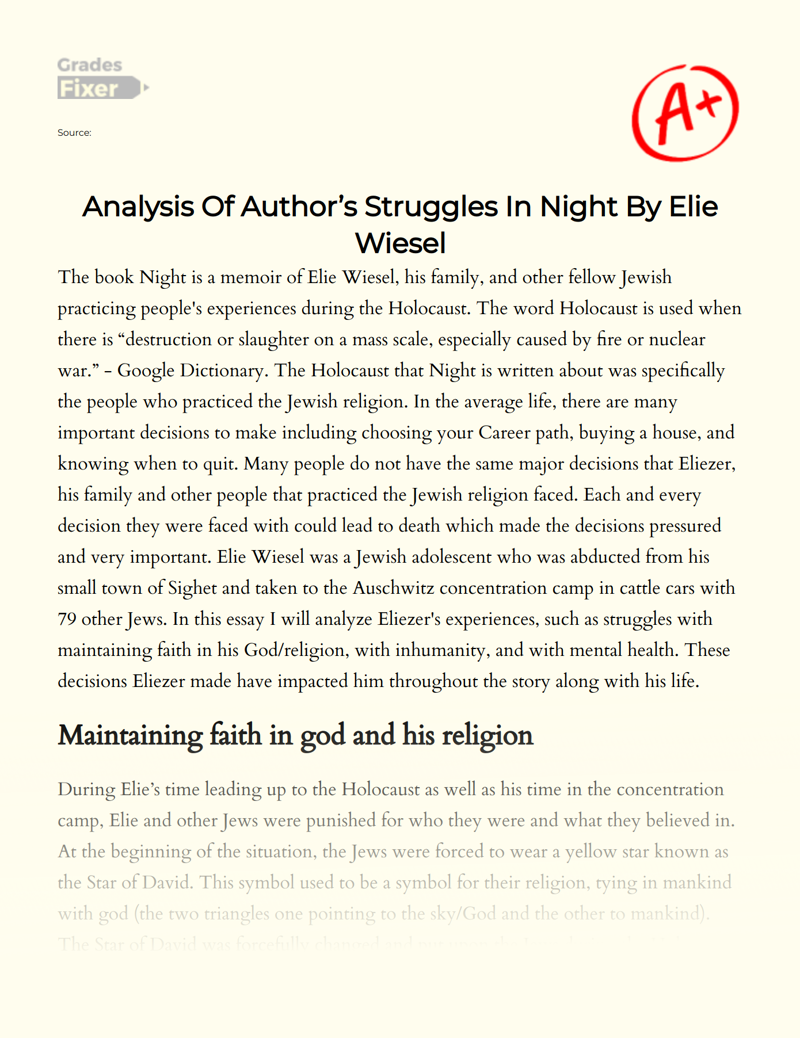 Analysis of Author’s Struggles in Night by Elie Wiesel Essay