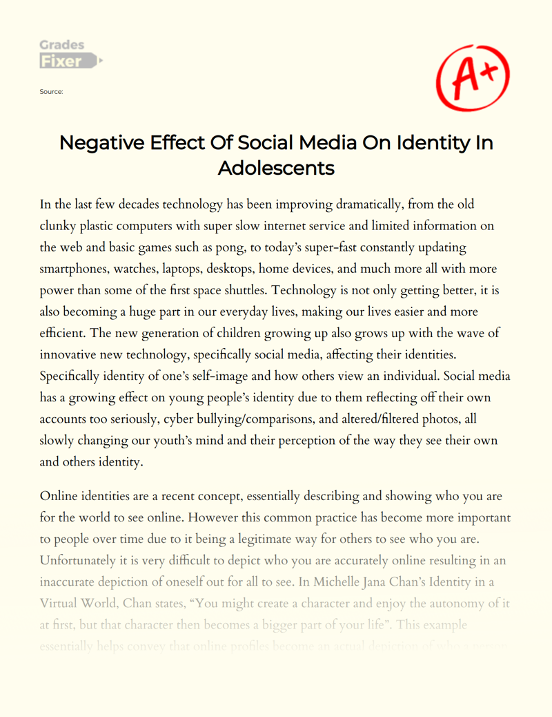 Negative Effect of Social Media on Identity in Adolescents Essay