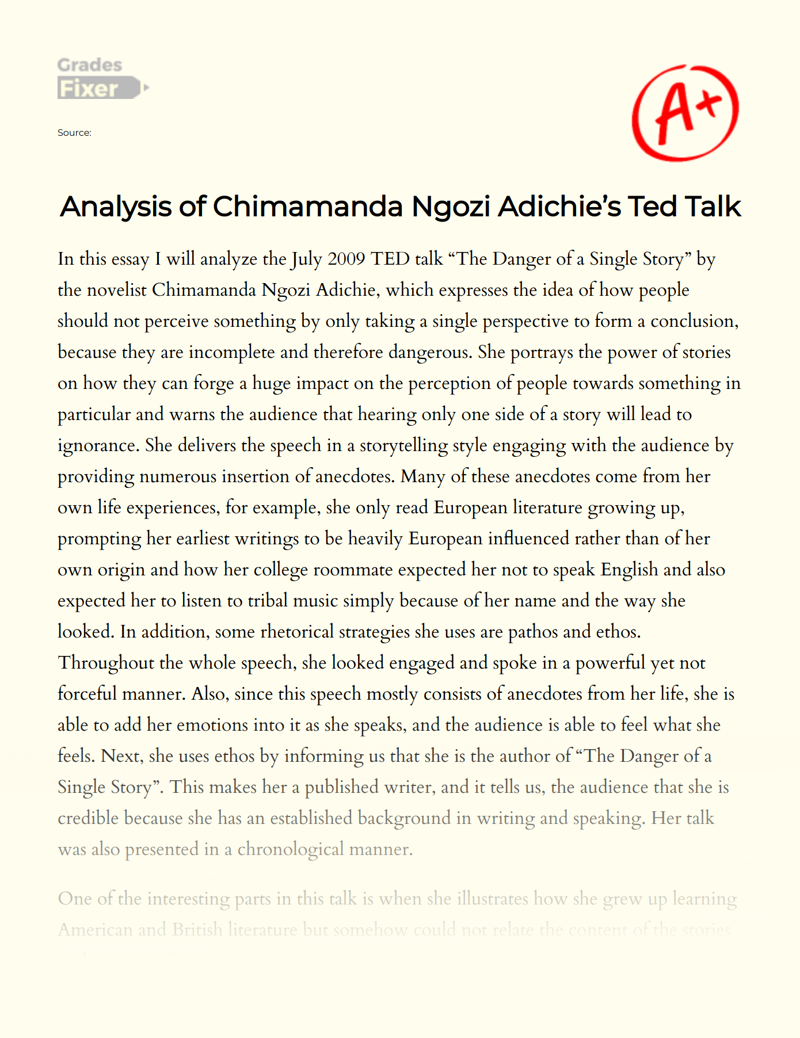 Analysis of Chimamanda Ngozi Adichie’s Ted Talk Essay