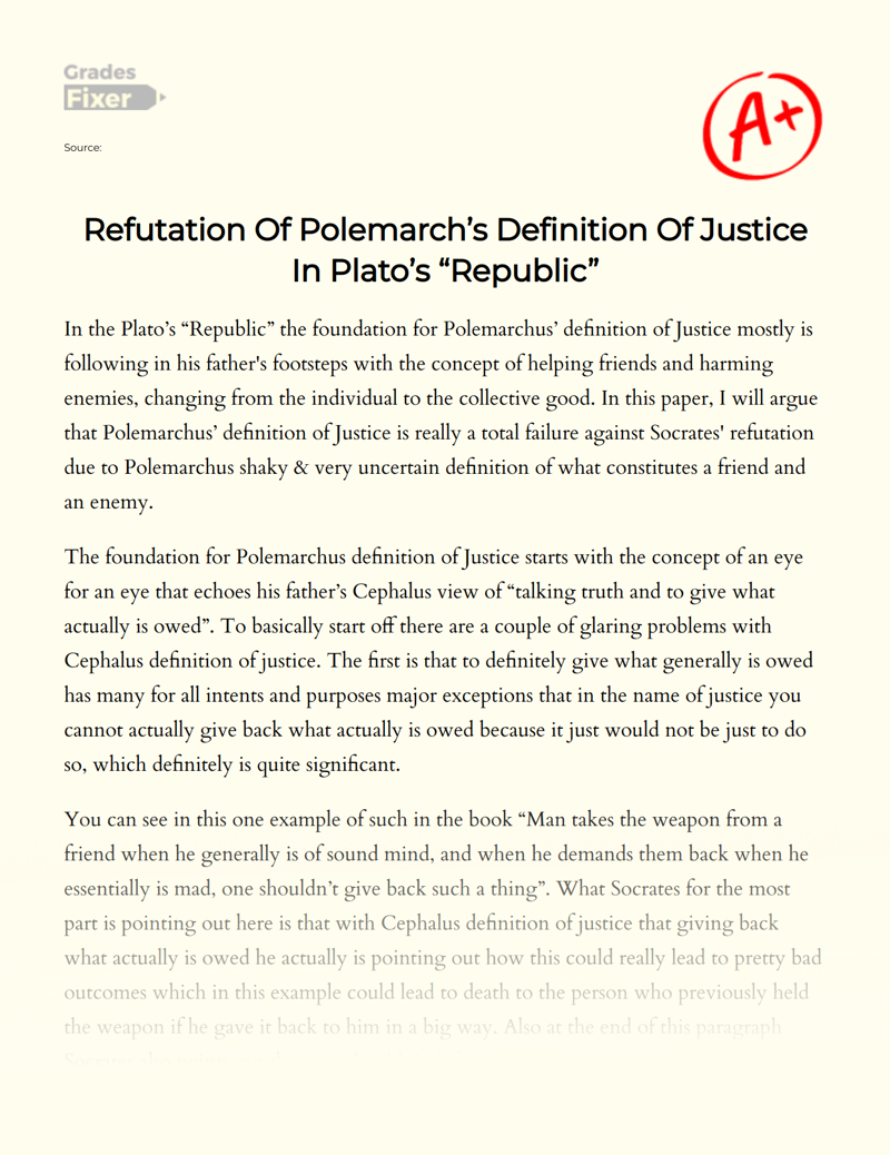 Refutation of Polemarch’s Definition of Justice in Plato’s "Republic" Essay
