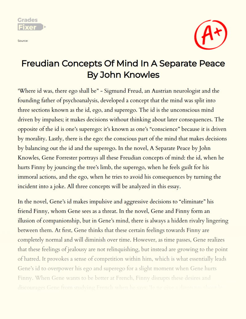 Freudian Concepts of Mind in a Separate Peace by John Knowles Essay