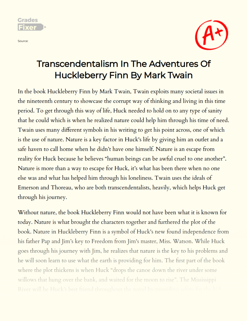 Transcendentalism in The Adventures of Huckleberry Finn by Mark Twain Essay