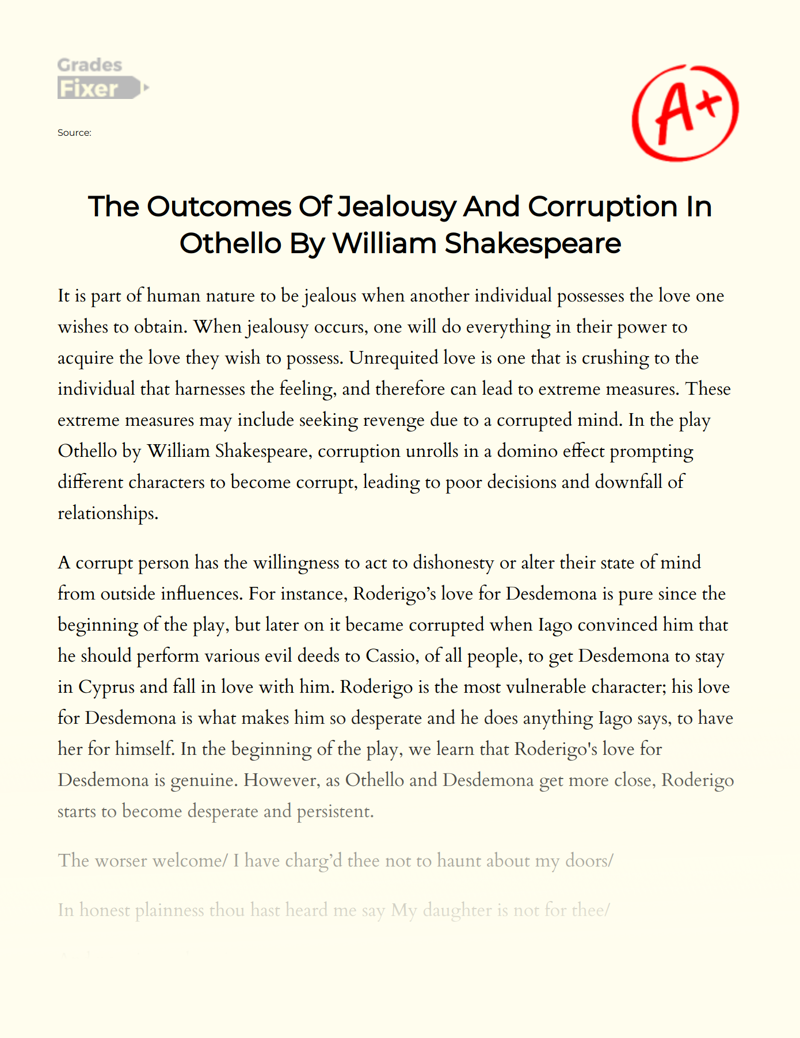 The Outcomes of Jealousy and Corruption in Othello by William Shakespeare Essay