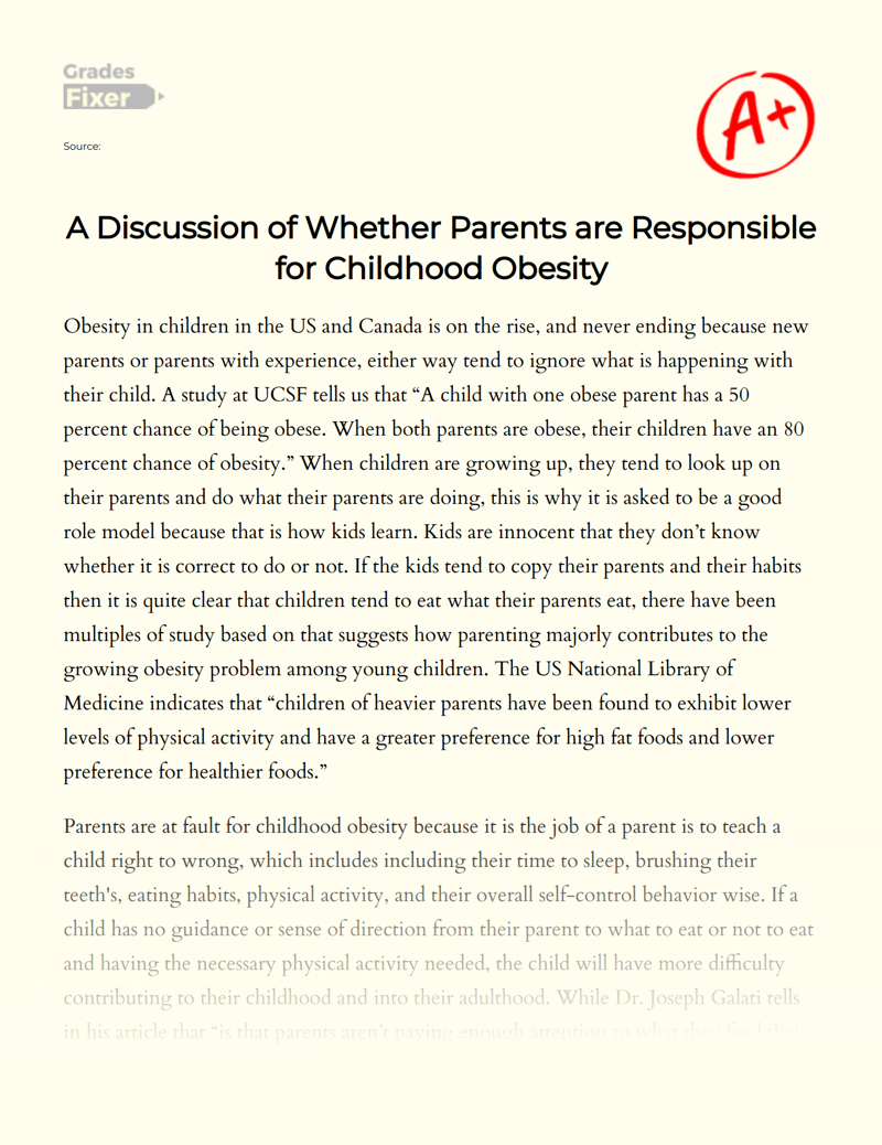 A Discussion of Whether Parents Are Responsible for Childhood Obesity Essay