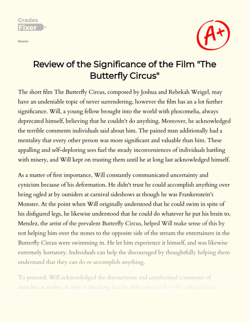 Review of The Significance of The Film "The Butterfly Circus" Essay