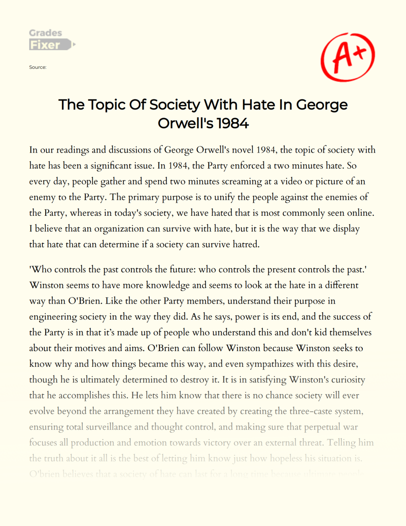 The Topic of Society with Hate in George Orwell's 1984 Essay