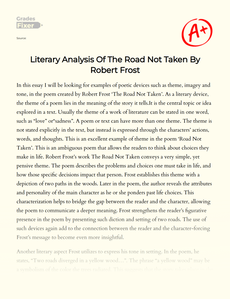 Literary Analysis of The Road not Taken by Robert Frost Essay