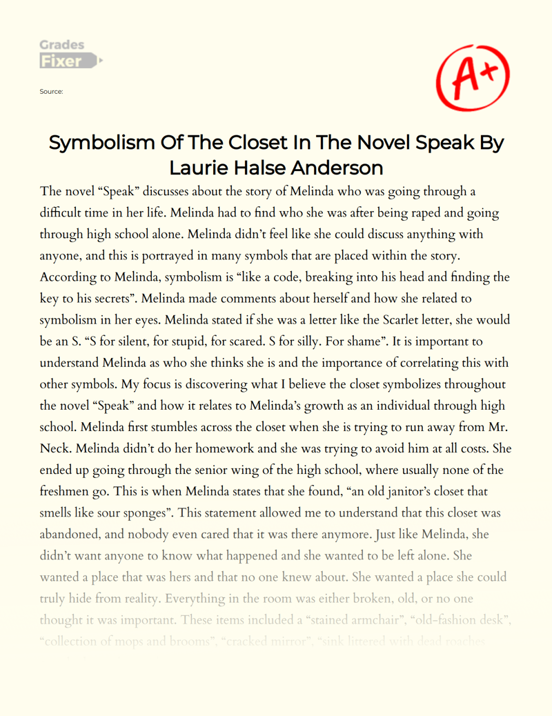 Symbolism of The Closet in The Novel Speak by Laurie Halse Anderson Essay