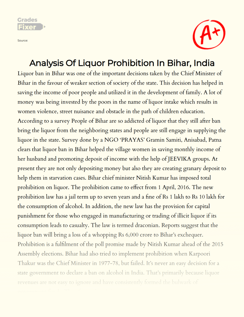 Analysis of Liquor Prohibition in Bihar, India Essay