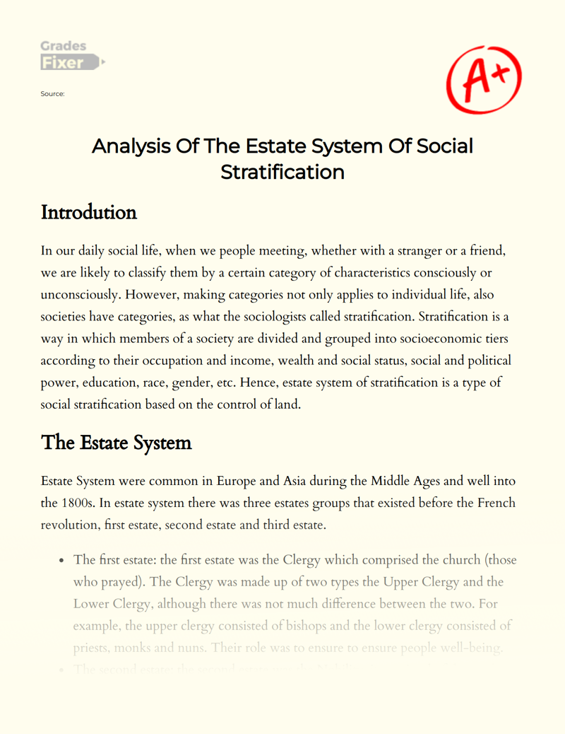 Analysis of The Estate System of Social Stratification Essay