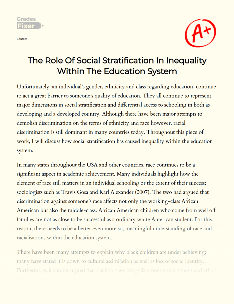 The Role of Social Stratification in Inequality Within The Education System Essay