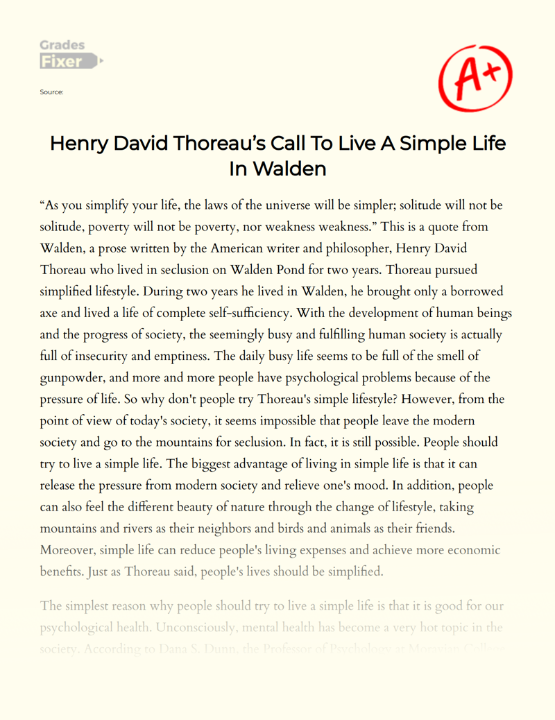 Henry David Thoreau’s Call to Live a Simple Life in Walden Essay