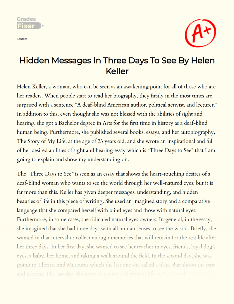 Hidden Messages in Three Days to See by Helen Keller Essay