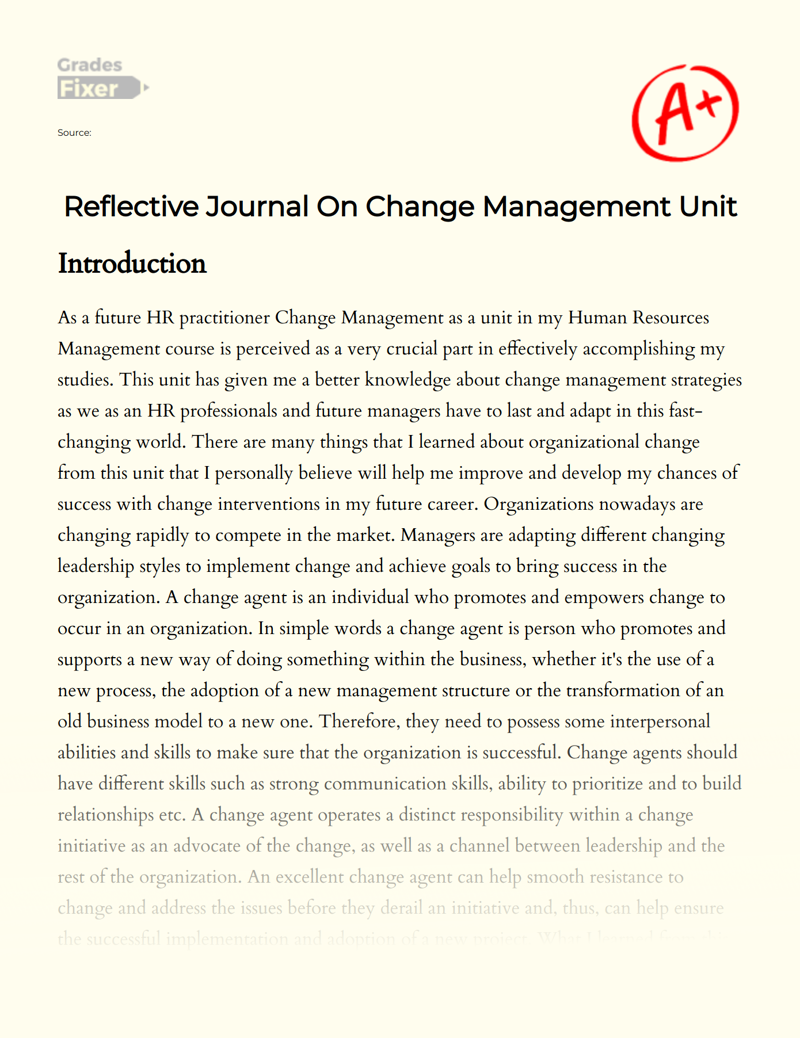 Reflective Journal on Change Management Unit Essay