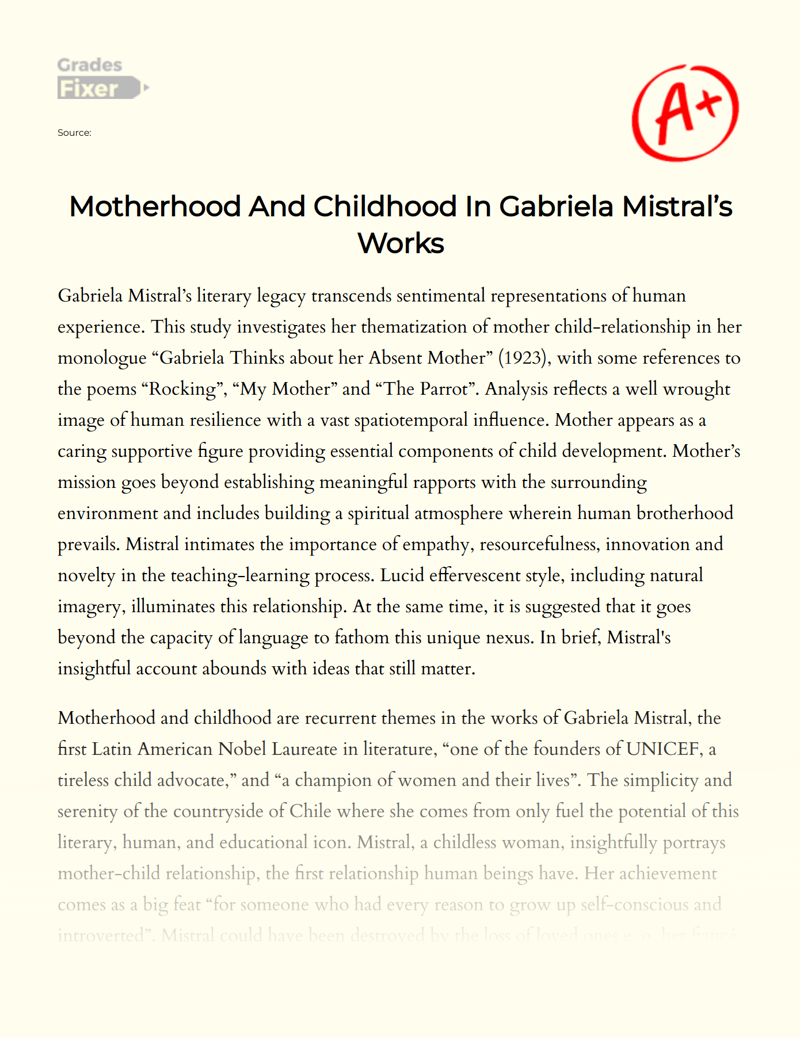 Motherhood And Childhood In Gabriela Mistral S Works Essay Example 1447 Words Gradesfixer