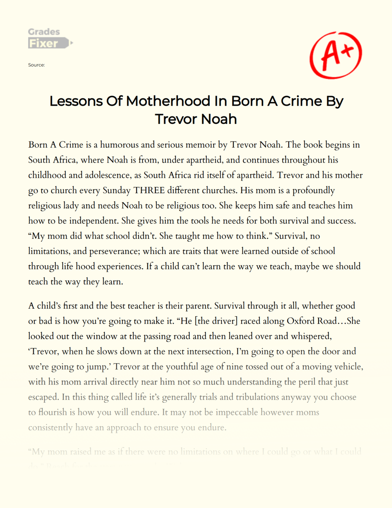 Lessons of Motherhood in Born a Crime by Trevor Noah Essay