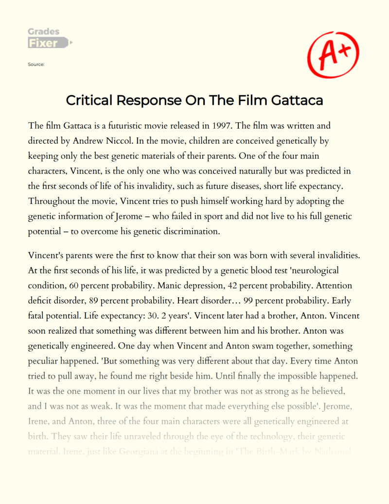 Critical Response on The Film Gattaca Essay