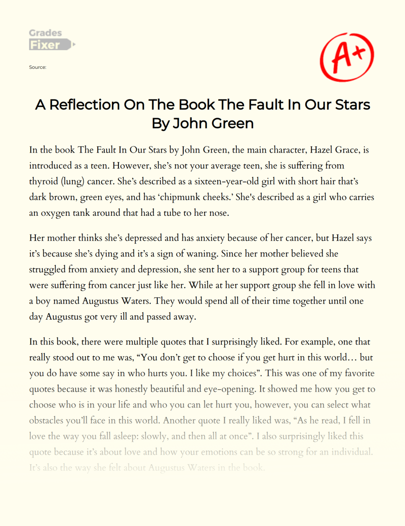 A Reflection on The Book The Fault in Our Stars by John Green Essay