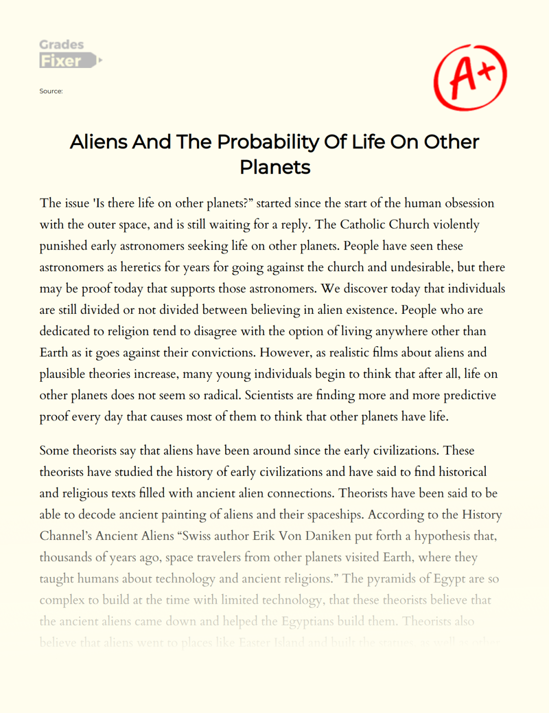 Aliens and The Probability of Life on Other Planets Essay