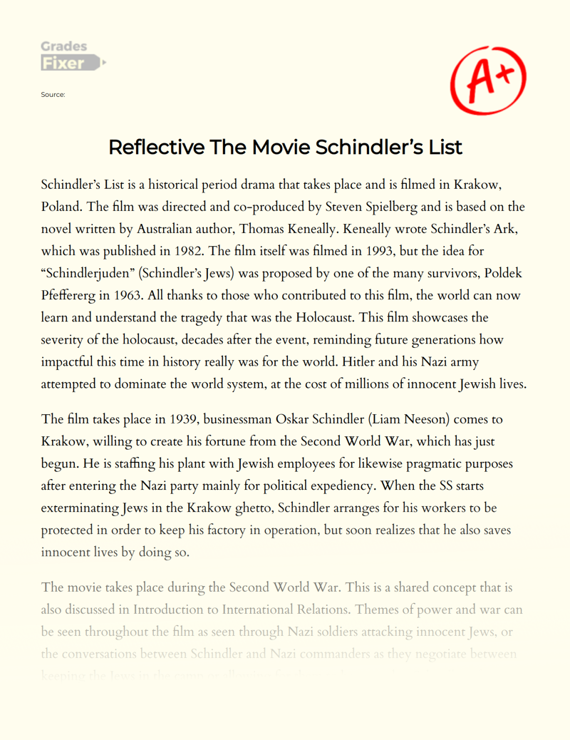 Reflecting on The Movie "Schindler's List" Essay