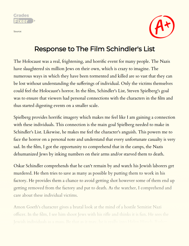 Response to The Film "Schindler's List" Essay