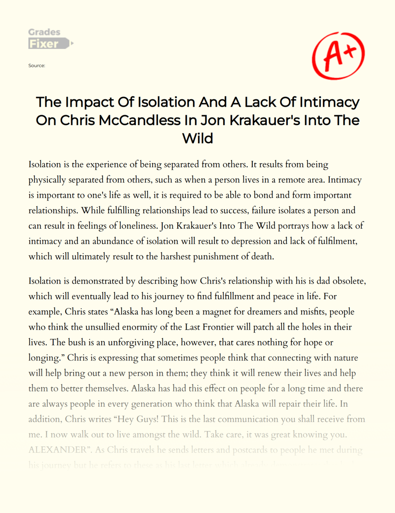The Impact of Isolation and a Lack of Intimacy on Chris Mccandless in Jon Krakauer's into The Wild Essay
