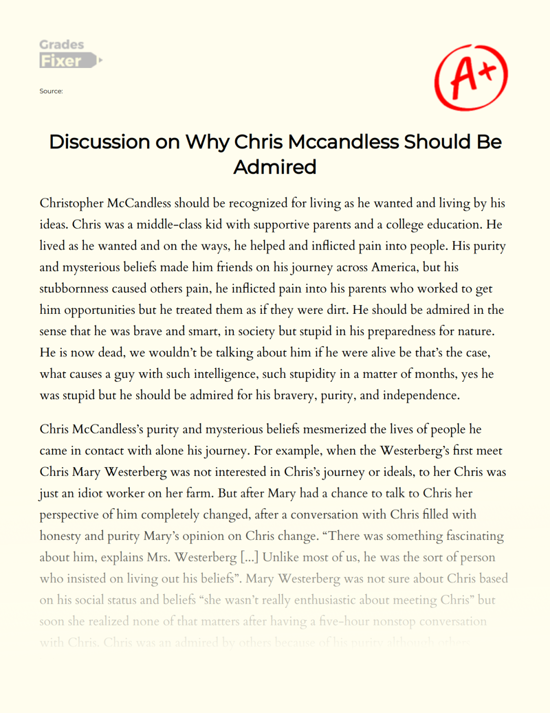 Discussion on Why Chris Mccandless Should Be Admired Essay