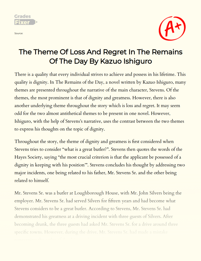 The Theme of Loss and Regret in The Remains of The Day by Kazuo Ishiguro Essay