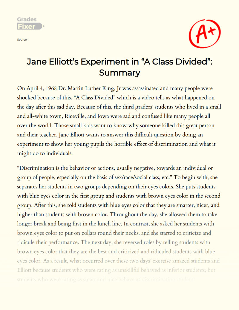 Jane Elliott’s Experiment in "A Class Divided": Summary Essay