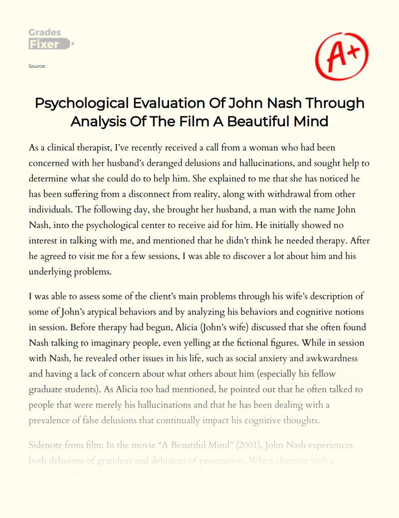 Psychological Evaluation of John Nash Through Analysis of The Film a Beautiful Mind Essay