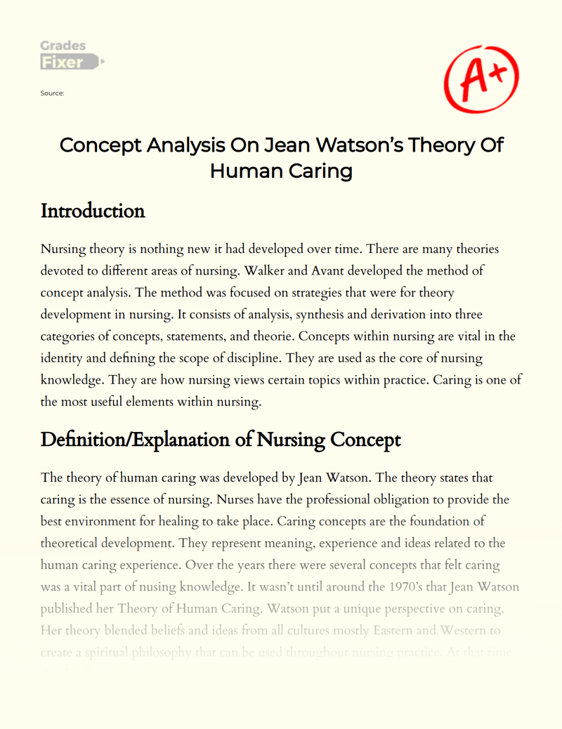 Concept Analysis on Jean Watson’s Theory of Human Caring Essay