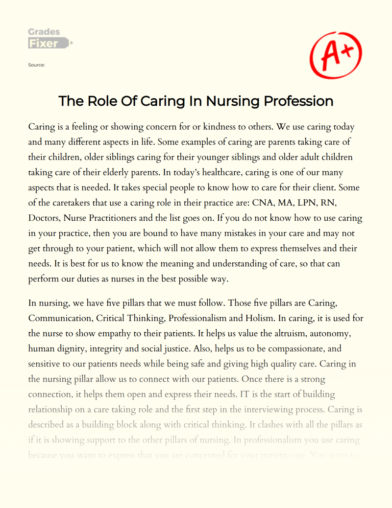 The Role of Caring in Nursing Profession Essay