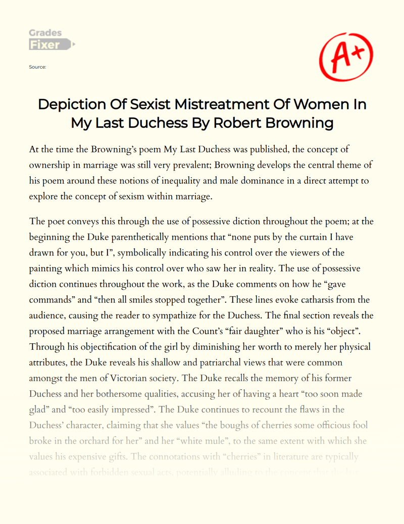 Depiction of Sexist Mistreatment of Women in My Last Duchess by Robert Browning Essay