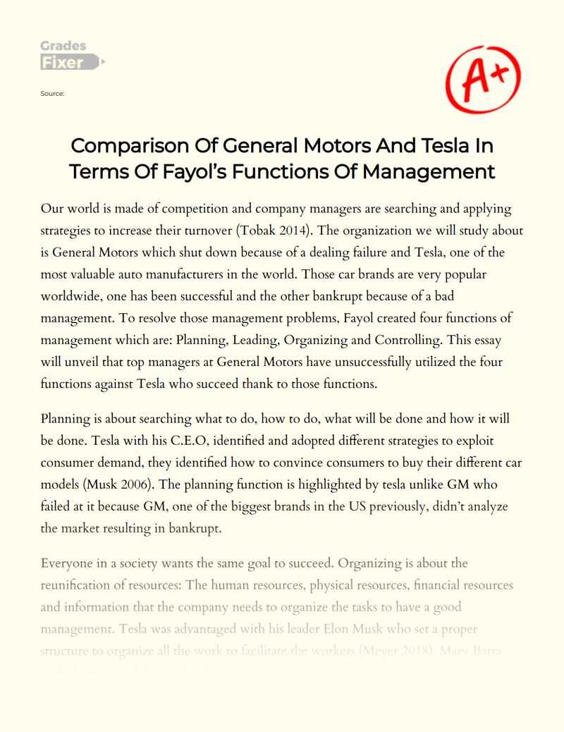 Comparison of General Motors and Tesla in Terms of Fayol’s Functions of Management Essay