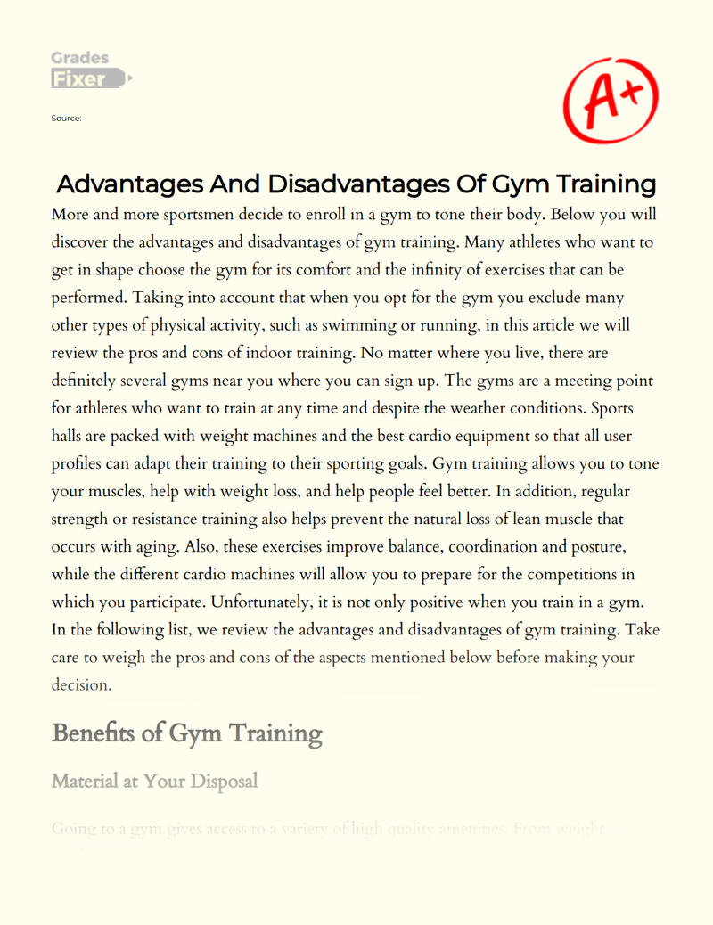 Advantages and Disadvantages of Working Out at a Gym Essay