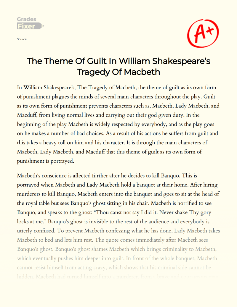 The Theme of Guilt in William Shakespeare’s Tragedy of Macbeth Essay