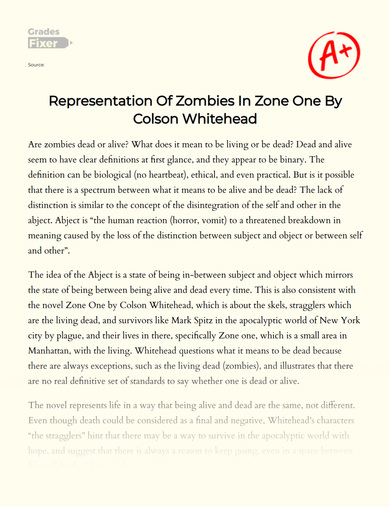 Representation of Zombies in Zone One by Colson Whitehead Essay
