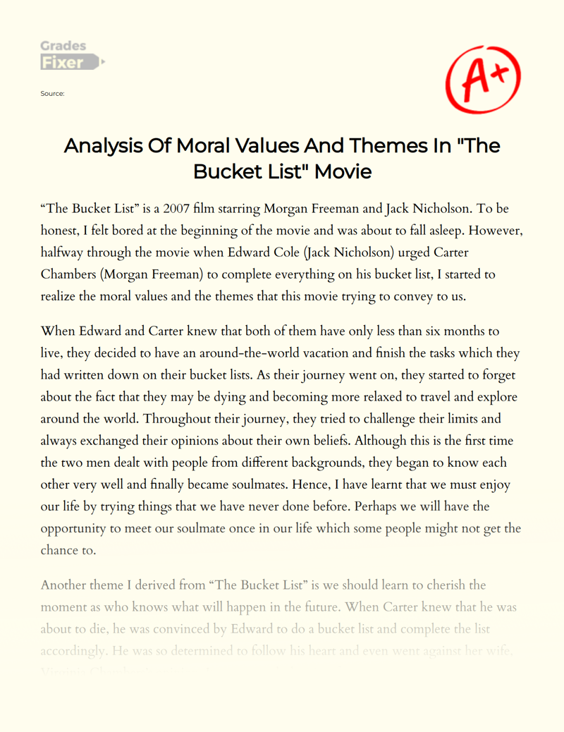 Analysis of Moral Values and Themes in "The Bucket List" Movie Essay