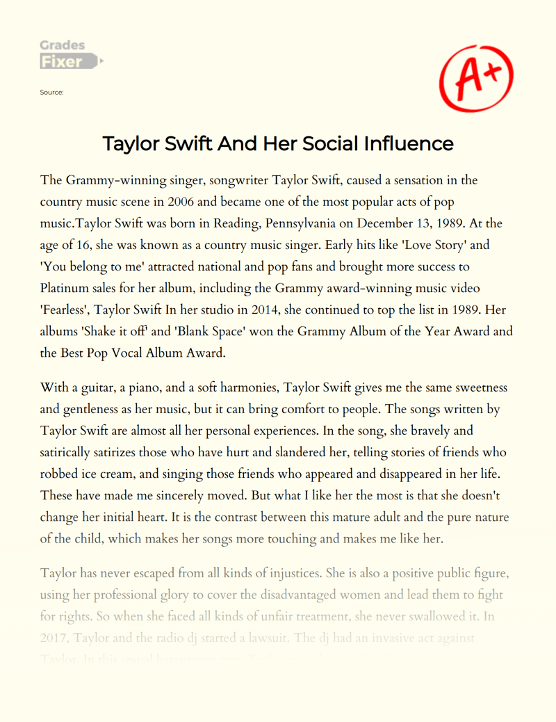 Taylor Swift and Her Social Influence Essay