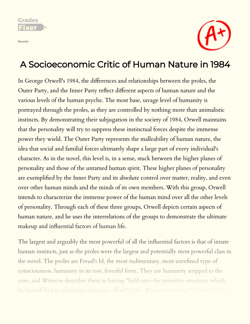 A Socioeconomic Critic of Human Nature in 1984 essay
