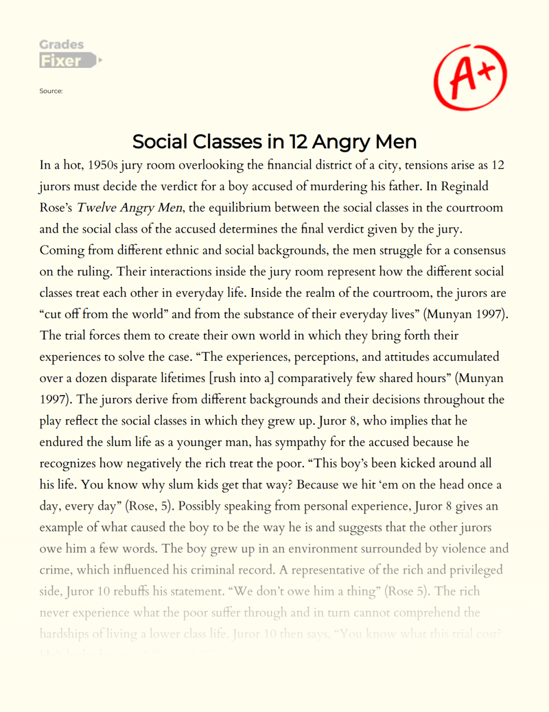 Social Classes in 12 Angry Men Essay